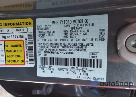 2022 Ford Bronco Sport из США, поврежденный, VIN 3FMCR9A63NRD24184